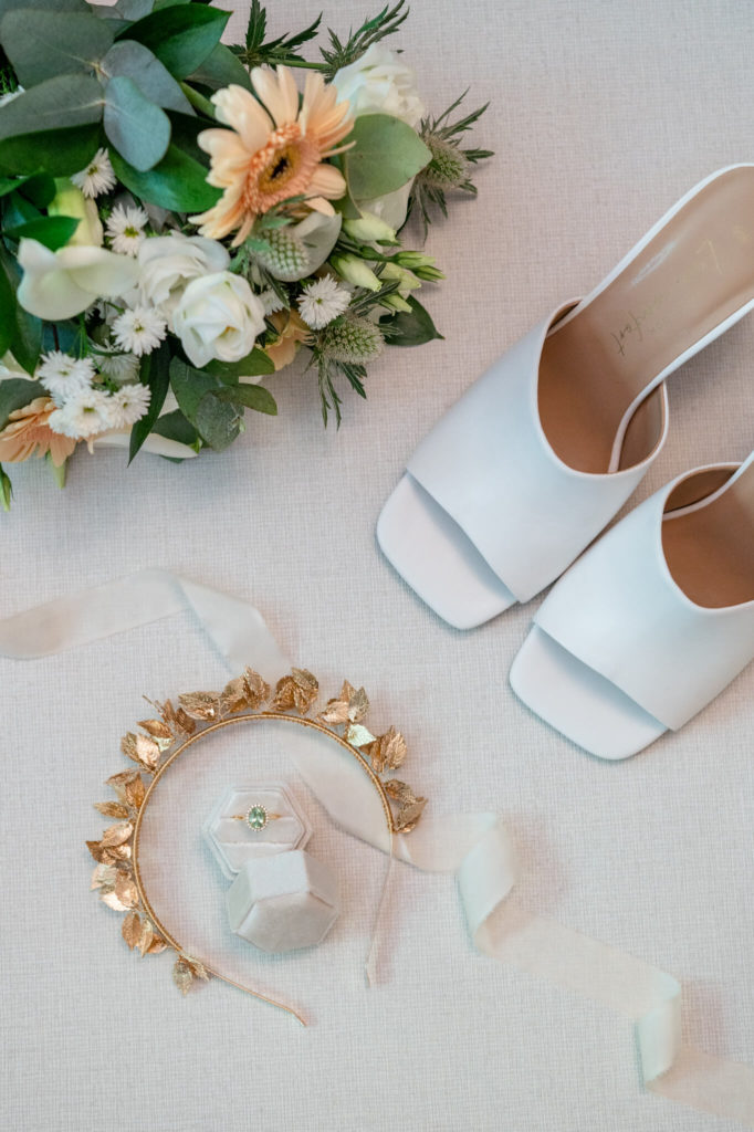 Chloe Bolam - Buckinghamshire Berkshire UK Wedding Photographer - wedding detail inspiration - neutral warm colours with a gold wedding crown - Cliveden House wedding photographer