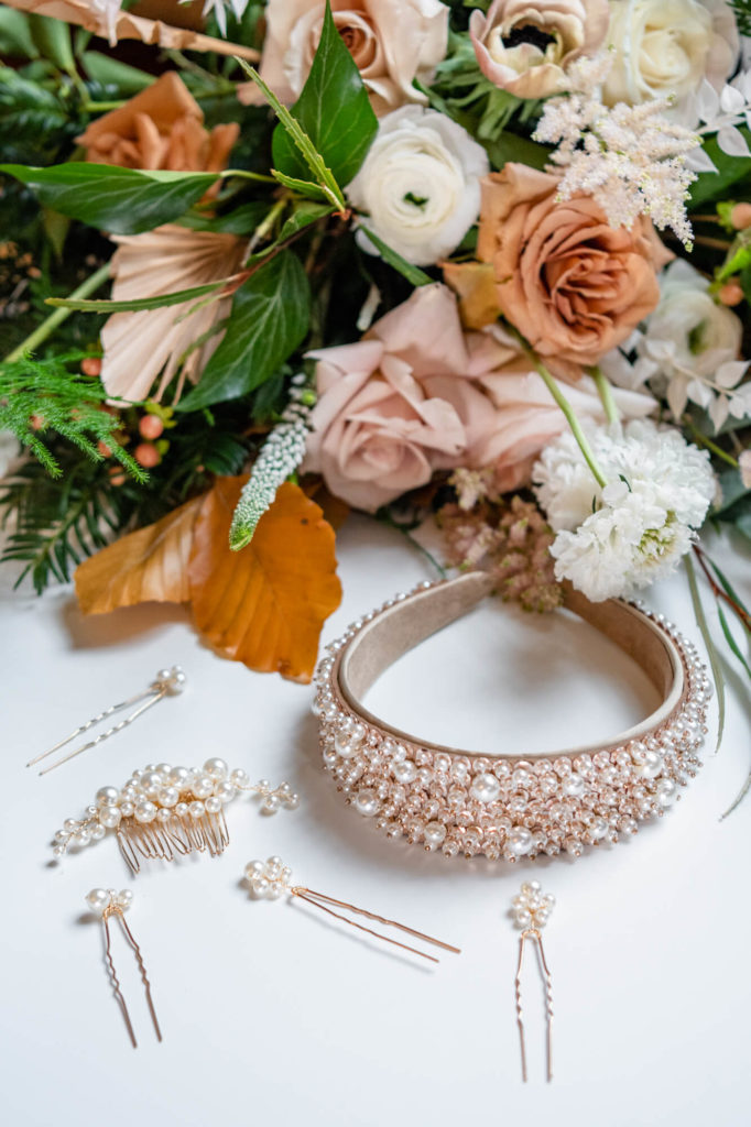 Chloe Bolam - Buckinghamshire Berkshire UK Wedding Photographer - wedding detail inspiration - warm autumnal wedding details with a pearl headband