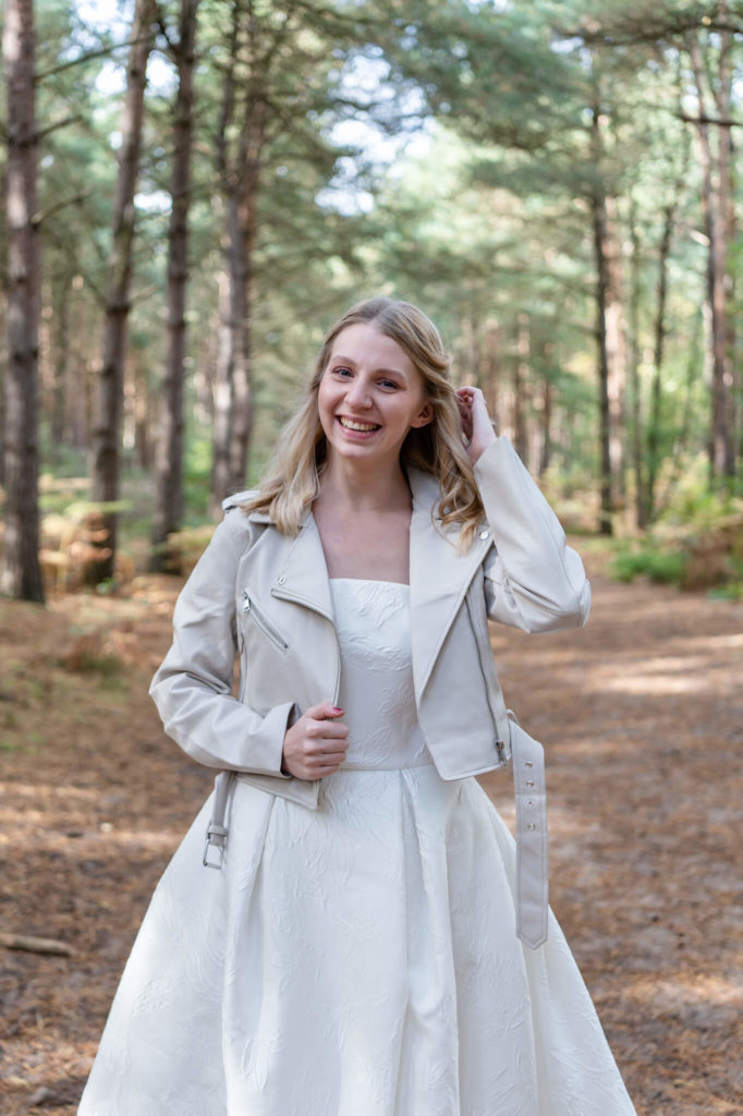 Chloe Bolam - UK Elopement Tips - Woods Elopement Wedding Photographer - personalised bridal jacket