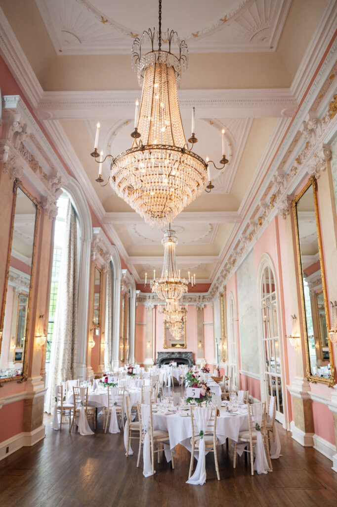 The Versailles Suite at Danesfield House dressed for a wedding breakfast