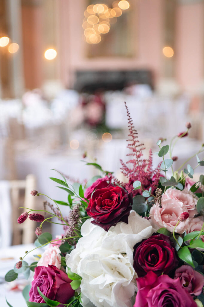 Pink and white wedding flowers at Danesfield House