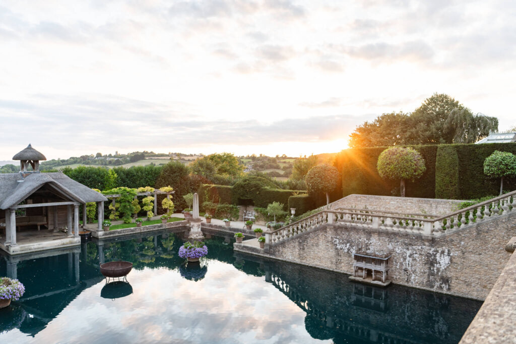 Golden hour sunset at Euridge Manor. Luxury Cotswolds wedding photographer