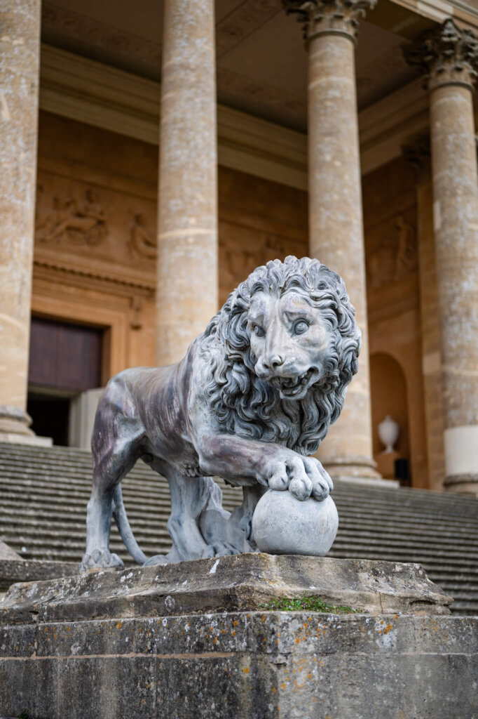 Lion statue near The South Portico at Stowe House in Buckinghamshire