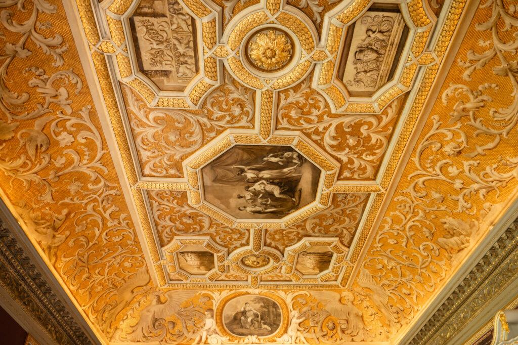 Gold ceiling in the State Dining Room at Stowe House, a Buckinghamshire wedding venue