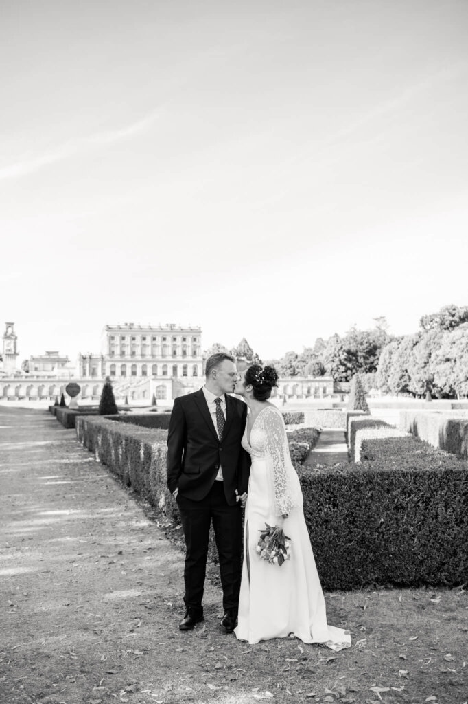 Black and white wedding portrait at Cliveden House Hotel